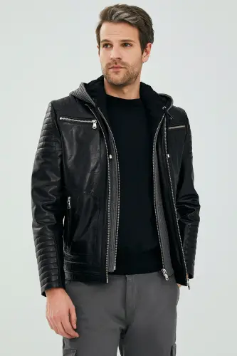 Danger Black Men's Hooded Sport Leather Jacket 23sgd6475ve - 1