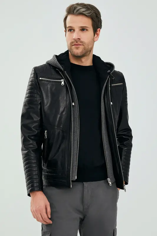 Danger Qora Erkaklar uchun Kaputli Sport Teri Ko'ylagi 23sgd6475ve - DERIMOD