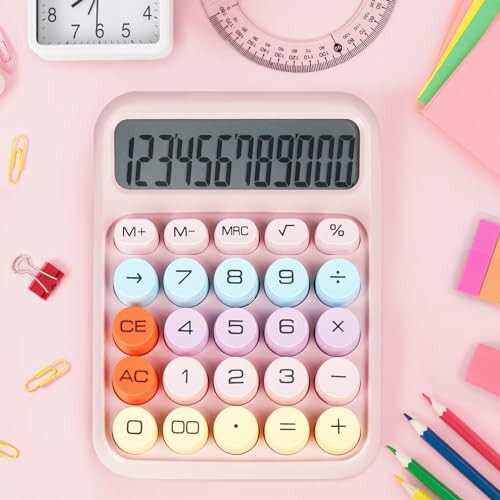 DANRONG Mechanical Switch Calculator with Big Buttons, Calculators Desktop, 12 Digits, Large LCD Display, Desk Calculator, Cute Pink Calculators for Teachers Students Basic Office (Pink) - 4