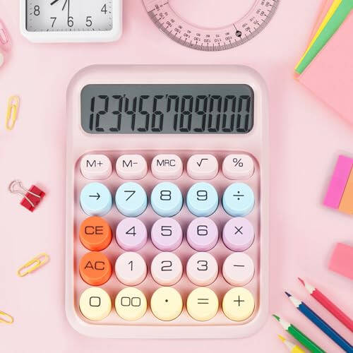 DANRONG Mechanical Switch Calculator with Big Buttons, Calculators Desktop, 12 Digits, Large LCD Display, Desk Calculator, Cute Pink Calculators for Teachers Students Basic Office (Pink) - 4