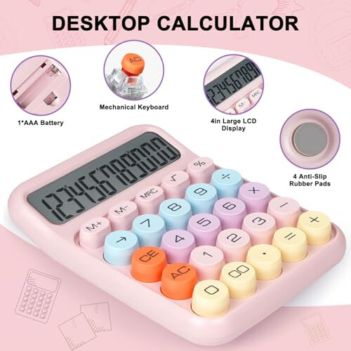 DANRONG Mechanical Switch Calculator with Big Buttons, Calculators Desktop, 12 Digits, Large LCD Display, Desk Calculator, Cute Pink Calculators for Teachers Students Basic Office (Pink) - 5