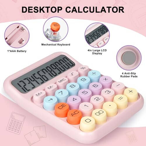 DANRONG Mechanical Switch Calculator with Big Buttons, Calculators Desktop, 12 Digits, Large LCD Display, Desk Calculator, Cute Pink Calculators for Teachers Students Basic Office (Pink) - 5