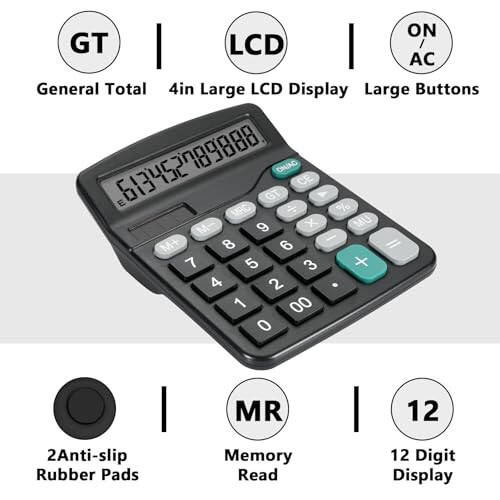 DANRONG, Büyük Düğmeli, Çift Güç Kaynaklı (Güneş Enerjisi ve Pil), Büyük LCD Ekranlı Sevimli Siyah Masaüstü Hesap Makinesi, 2'li Paket - Temel Ofis Öğretmenleri Öğrencileri İçin Mükemmel (Siyah) - 4