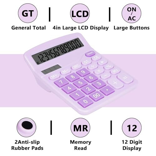 DANRONG Büyük Düğmeli Sevimli Mor Masaüstü Hesap Makinesi, Çift Güç Kaynağı, Güneş Enerjisi ve Pil, Büyük Ekran - Ofis, Öğretmenler ve Öğrenciler İçin Mükemmel (Mor) - 4