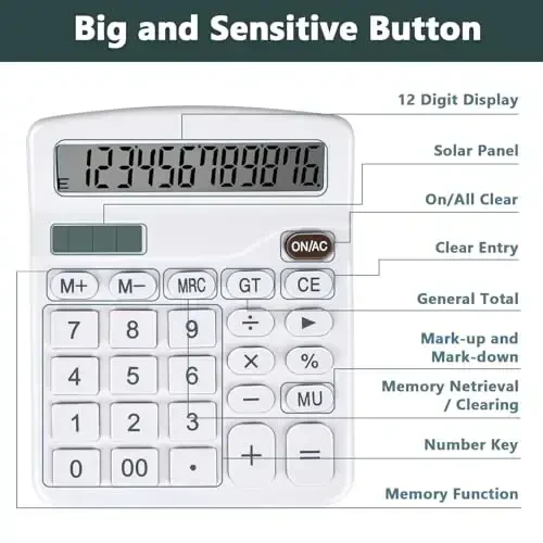 DANRONG Cute White Desktop Calculator with Big Buttons, Dual Power Source, Solar and Battery, Large Display Screen - Perfect for Office, Teachers, and Students (White) - 6