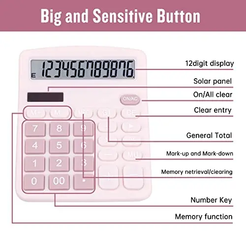 DANRONG Cute Pink Desktop Calculator with Big Buttons, Dual Power Source, Solar and Battery, Large Display Screen - Perfect for Office, Teachers, and Students (Pink) - 6