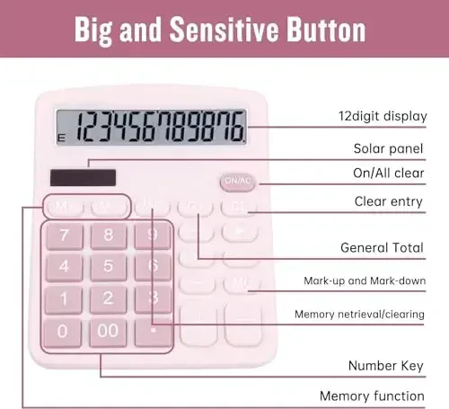 DANRONG Cute Desktop Calculator with Big Buttons, Dual Power Source, Solar and Battery, Large LCD Display, 2 Pack Desk Calculator- Perfect for Basic Office Teachers Students(Pink & Blue) - 6