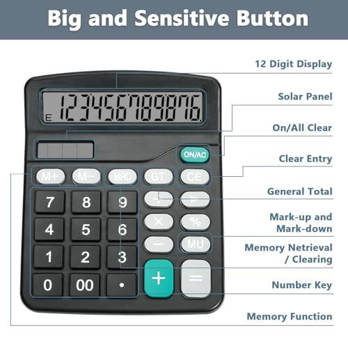 DANRONG Cute Black Desktop Calculator with Big Buttons, Dual Power Source, Solar and Battery, Large LCD Display, 2 Pack Desk Calculator- Perfect for Basic Office Teachers Students (Black) - 6