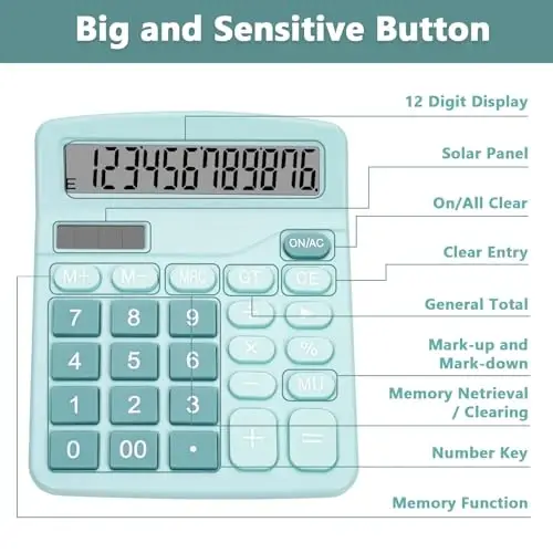 DANRONG Cute Blue Desktop Calculator with Big Buttons, Dual Power Source | Solar and Battery, Large Display Screen - Perfect for Office, Teachers, and Students (Light Blue) - 6
