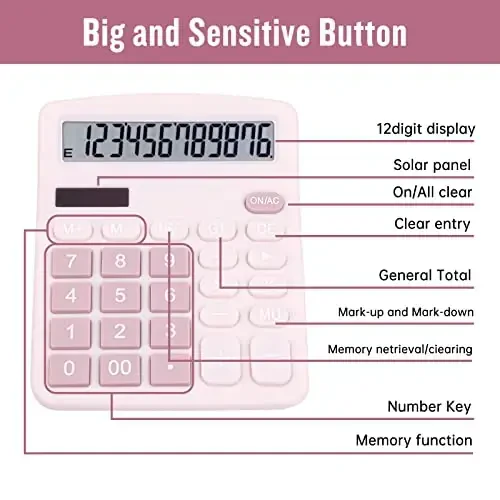 DANRONG Cute Pink Desktop Calculator with Big Buttons, Dual Power Source, Solar and Battery, Large Display Screen - Perfect for Office, Teachers, and Students (Pink) - 6