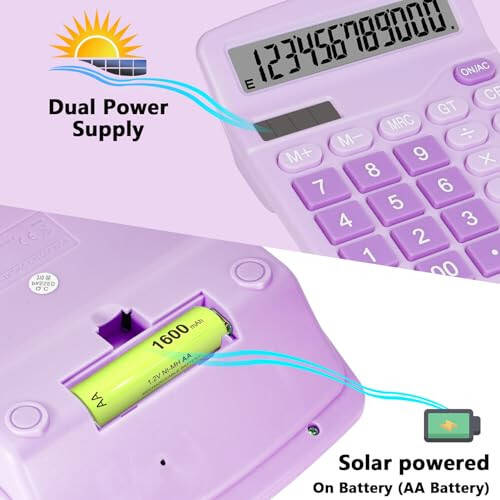 DANRONG Cute Purple Desktop Calculator with Big Buttons, Dual Power Source, Solar and Battery, Large Display Screen - Perfect for Office, Teachers, and Students (Purple) - 3