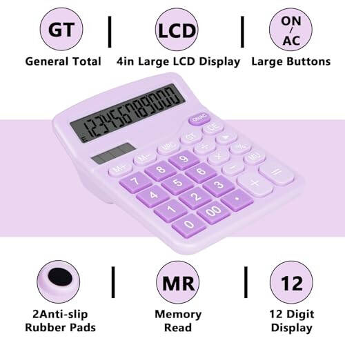 DANRONG Cute Purple Desktop Calculator with Big Buttons, Dual Power Source, Solar and Battery, Large Display Screen - Perfect for Office, Teachers, and Students (Purple) - 4