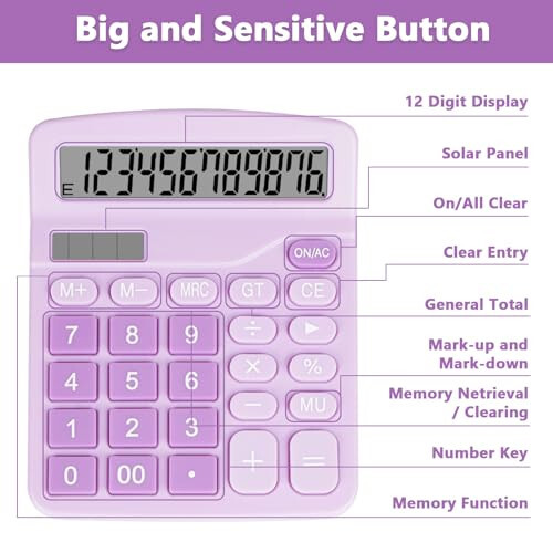 DANRONG Cute Purple Desktop Calculator with Big Buttons, Dual Power Source, Solar and Battery, Large Display Screen - Perfect for Office, Teachers, and Students (Purple) - 6