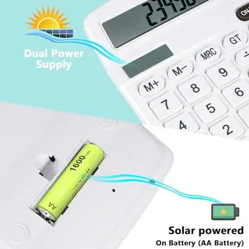 DANRONG Cute White Desktop Calculator with Big Buttons, Dual Power Source, Solar and Battery, Large Display Screen - Perfect for Office, Teachers, and Students (White) - 3