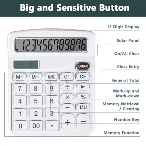 DANRONG Cute White Desktop Calculator with Big Buttons, Dual Power Source, Solar and Battery, Large Display Screen - Perfect for Office, Teachers, and Students (White) - 6
