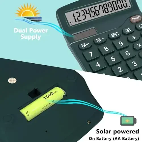 DANRONG Dark Green Desktop Calculator with Big Buttons, Dual Power Source, Solar and Battery, Large Display Screen - Perfect for Office, Teachers, and Students (Dark Green) - 3