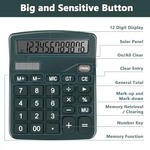 DANRONG Dark Green Desktop Calculator with Big Buttons, Dual Power Source, Solar and Battery, Large Display Screen - Perfect for Office, Teachers, and Students (Dark Green) - 6