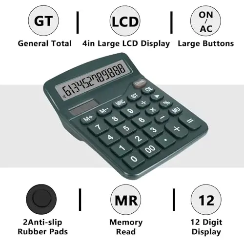 DANRONG Dark Green Desktop Calculator with Big Buttons, Dual Power Source, Solar and Battery, Large Display Screen - Perfect for Office, Teachers, and Students (Dark Green) - 4