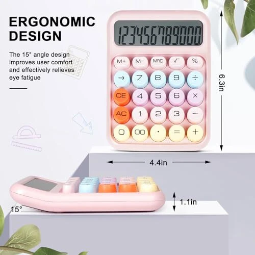 DANRONG Mechanical Switch Calculator with Big Buttons, Calculators Desktop, 12 Digits, Large LCD Display, Desk Calculator, Cute Pink Calculator for Teachers Students Basic Office (Pink) - 2
