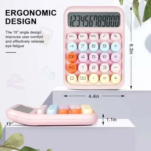 DANRONG Mechanical Switch Calculator with Big Buttons, Calculators Desktop, 12 Digits, Large LCD Display, Desk Calculator, Cute Pink Calculator for Teachers Students Basic Office (Pink) - 2