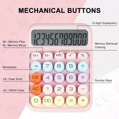 DANRONG Mechanical Switch Calculator with Big Buttons, Calculators Desktop, 12 Digits, Large LCD Display, Desk Calculator, Cute Pink Calculator for Teachers Students Basic Office (Pink) - 3