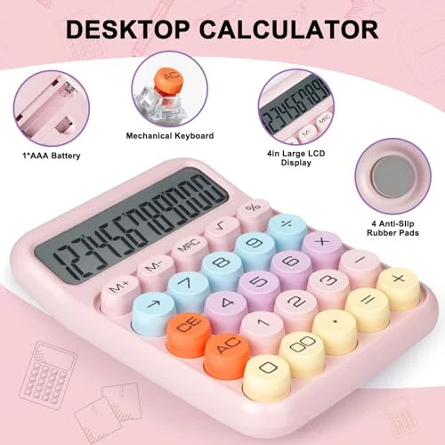 DANRONG Mechanical Switch Calculator with Big Buttons, Calculators Desktop, 12 Digits, Large LCD Display, Desk Calculator, Cute Pink Calculator for Teachers Students Basic Office (Pink) - 5