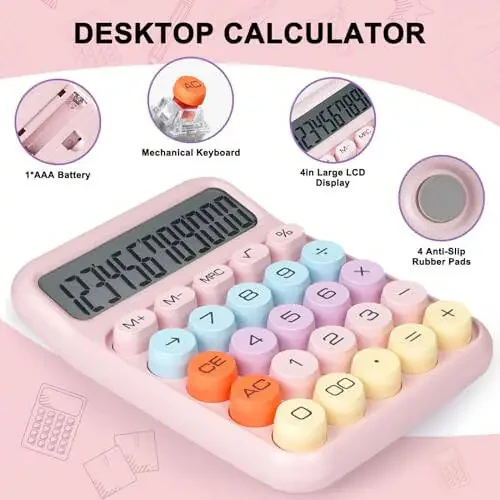 DANRONG Mechanical Switch Calculator with Big Buttons, Calculators Desktop, 12 Digits, Large LCD Display, Desk Calculator, Cute Pink Calculator for Teachers Students Basic Office (Pink) - 5