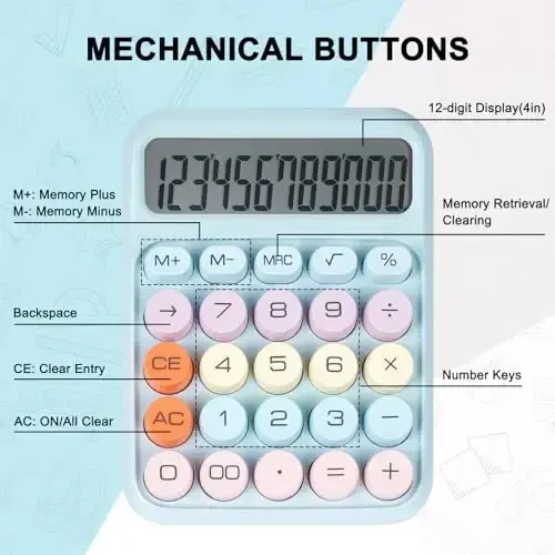 DANRONG Mechanical Switch Calculator with Big Buttons, Calculators Desktop, 12 Digits, Large LCD Display, Desk Calculator, Cute Pink Calculators for Teachers Students Basic Office (Blue) - 3