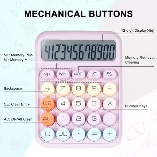 DANRONG Mechanical Switch Calculator with Big Buttons, Calculators Desktop, 12 Digits, Large LCD Display, Desk Calculator, Cute Pink Calculators for Teachers Students Basic Office (Purple) - 3