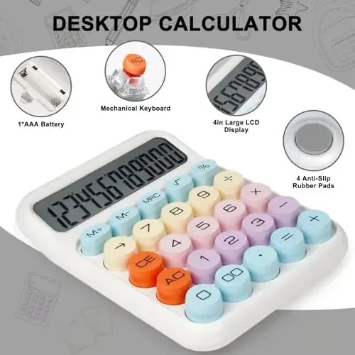 DANRONG Mechanical Switch Calculator with Big Buttons, Calculators Desktop, 12 Digits, Large LCD Display, Desk Calculator, Cute Pink Calculators for Teachers Students Basic Office (White) - 5