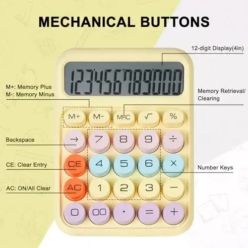 DANRONG Mechanical Switch Calculator with Big Buttons, Calculators Desktop, 12 Digits, Large LCD Display, Desk Calculator, Cute Pink Calculators for Teachers Students Basic Office (Yellow) - 3