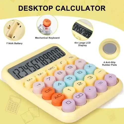 DANRONG Mechanical Switch Calculator with Big Buttons, Calculators Desktop, 12 Digits, Large LCD Display, Desk Calculator, Cute Pink Calculators for Teachers Students Basic Office (Yellow) - 5