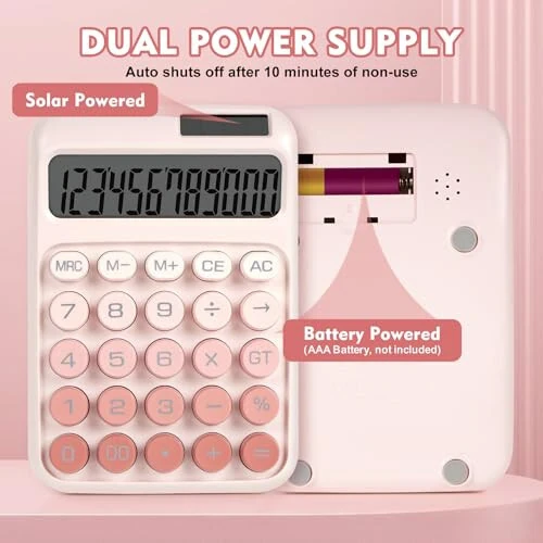 DANRONG Mechanical Switch Calculator with Big Buttons, Calculators Desktop, 12 Digits, Solar Battery Power, Desk Calculator, Large LCD Display, Cute Pink Calculator for Teachers Students Basic Office - 3