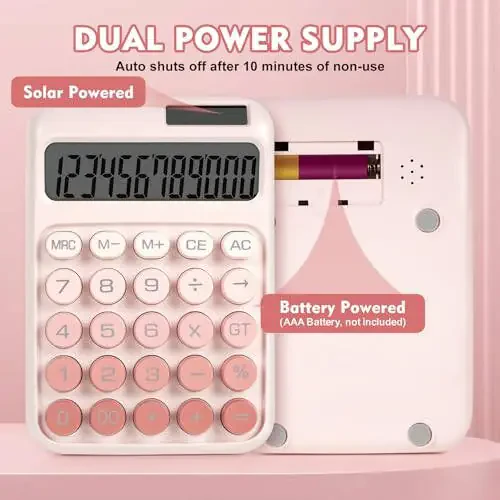 DANRONG Mechanical Switch Calculator with Big Buttons, Calculators Desktop, 12 Digits, Solar Battery Power, Desk Calculator, Large LCD Display, Cute Pink Calculator for Teachers Students Basic Office - 3