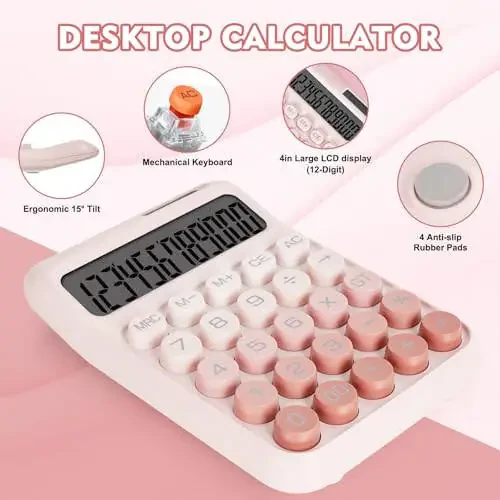 DANRONG Mechanical Switch Calculator with Big Buttons, Calculators Desktop, 12 Digits, Solar Battery Power, Desk Calculator, Large LCD Display, Cute Pink Calculator for Teachers Students Basic Office - 4