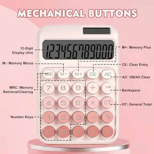 DANRONG Mechanical Switch Calculator with Big Buttons, Calculators Desktop, 12 Digits, Solar Battery Power, Desk Calculator, Large LCD Display, Cute Pink Calculator for Teachers Students Basic Office - 5