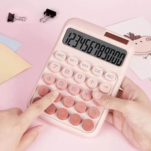 DANRONG Mechanical Switch Calculator with Big Buttons, Calculators Desktop, 12 Digits, Solar Battery Power, Desk Calculator, Large LCD Display, Cute Pink Calculator for Teachers Students Basic Office - 6