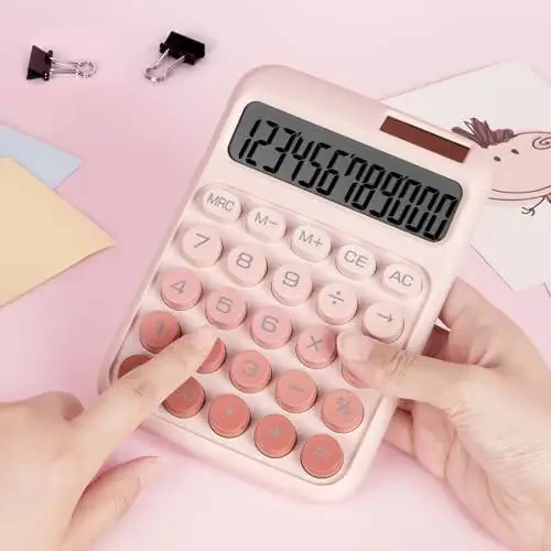 DANRONG Mechanical Switch Calculator with Big Buttons, Calculators Desktop, 12 Digits, Solar Battery Power, Desk Calculator, Large LCD Display, Cute Pink Calculator for Teachers Students Basic Office - 6