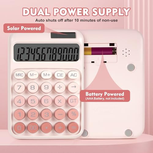 DANRONG Mechanical Switch Calculator with Big Buttons, Calculators Desktop, 12 Digits, Solar Battery Power, Desk Calculator, Large LCD Display, Cute Pink Calculator for Teachers Students Basic Office - 3
