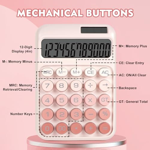 DANRONG Mechanical Switch Calculator with Big Buttons, Calculators Desktop, 12 Digits, Solar Battery Power, Desk Calculator, Large LCD Display, Cute Pink Calculator for Teachers Students Basic Office - 5