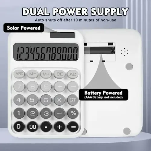 DANRONG Mechanical Switch Calculator with Big Buttons, Calculators Desktop, 12 Digits, Solar Battery Power, Desk Calculator, Large LCD Display, Cute White Calculator for Teachers Students Basic Office - 3