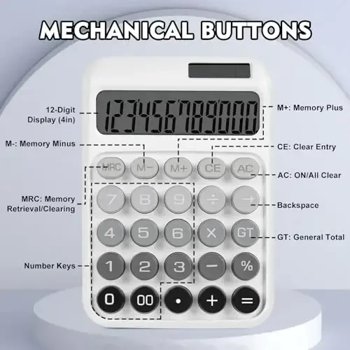 DANRONG Mechanical Switch Calculator with Big Buttons, Calculators Desktop, 12 Digits, Solar Battery Power, Desk Calculator, Large LCD Display, Cute White Calculator for Teachers Students Basic Office - 5