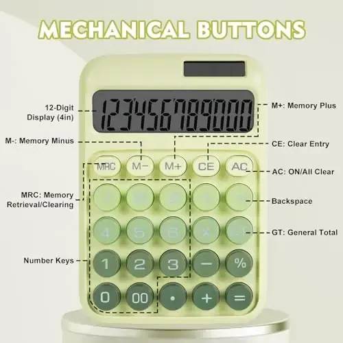 DANRONG Mechanical Switch Calculator with Big Buttons, Calculators Desktop, 12 Digits, Solar Battery Power, Desk Calculator, Large LCD Display,Cute Green Calculators for Teachers Students Basic Office - 5