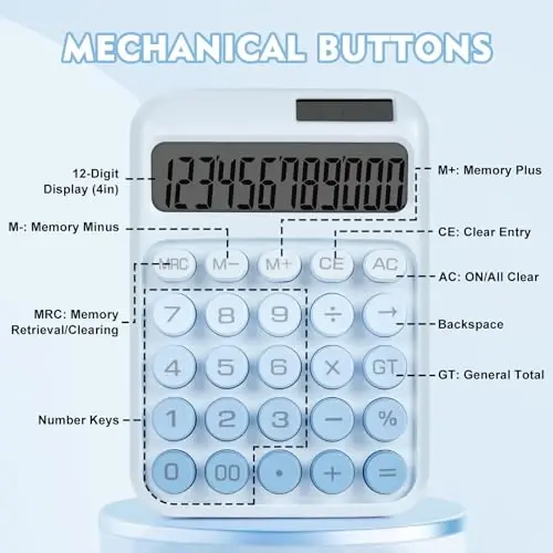 DANRONG Mechanical Switch Calculator with Big Buttons, Calculators Desktop, 12 Digits, Solar Battery Power, Desk Calculator, Large LCD Display,Cute Green Calculators for Teachers Students Basic Office - 5