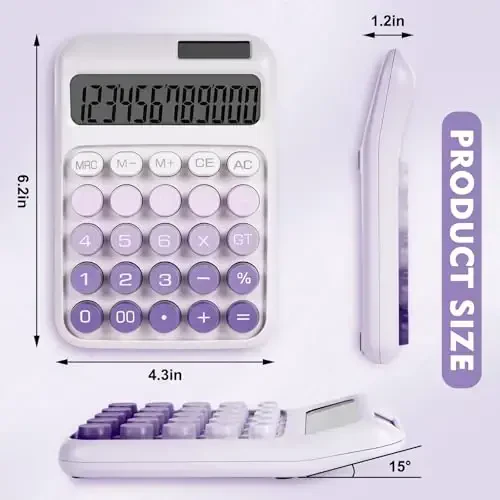 DANRONG Mechanical Switch Calculator with Big Buttons, Calculators Desktop, 12 Digits, Solar Battery Power, Desk Calculator,Large LCD Display,Cute Purple Calculators for Teachers Students Basic Office - 2