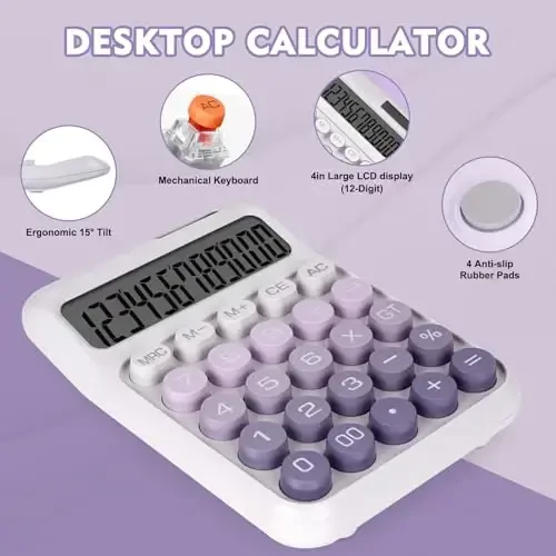 DANRONG Mechanical Switch Calculator with Big Buttons, Calculators Desktop, 12 Digits, Solar Battery Power, Desk Calculator,Large LCD Display,Cute Purple Calculators for Teachers Students Basic Office - 4