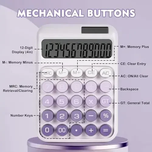DANRONG Mechanical Switch Calculator with Big Buttons, Calculators Desktop, 12 Digits, Solar Battery Power, Desk Calculator,Large LCD Display,Cute Purple Calculators for Teachers Students Basic Office - 5