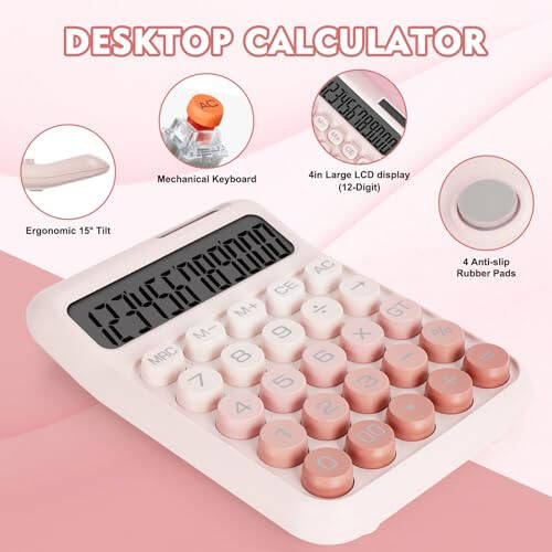 DANRONG Mechanical Switch Calculator with Big Buttons, Calculators Desktop, 12 Digits, Solar Battery Power, Desk Calculator, Large LCD Display, Cute Pink Calculators for Teachers Students Basic Office - 4