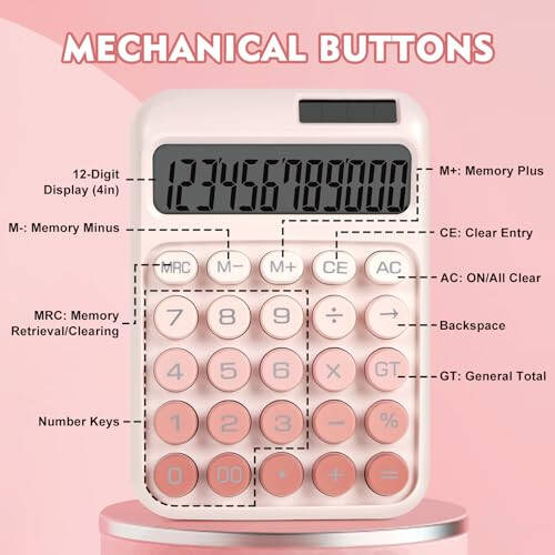 DANRONG Mechanical Switch Calculator with Big Buttons, Calculators Desktop, 12 Digits, Solar Battery Power, Desk Calculator, Large LCD Display, Cute Pink Calculators for Teachers Students Basic Office - 5