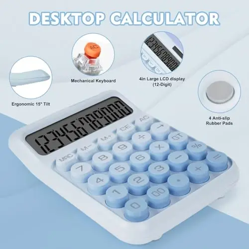 DANRONG Mechanical Switch Calculator with Big Buttons, Calculators Desktop, 12 Digits, Solar Battery Power, Desk Calculator, Large LCD Display, Cute Blue Calculators for Teachers Students Basic Office - 4